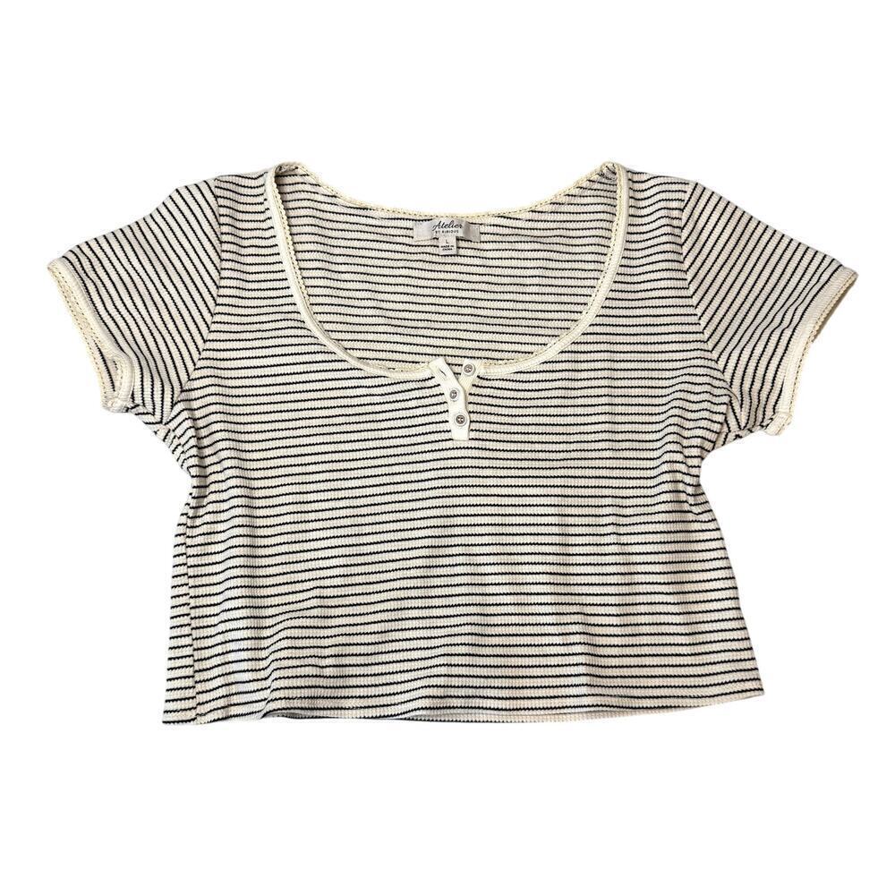 Striped Cropped Baby Tee Henley Women's Size Large White and Black
